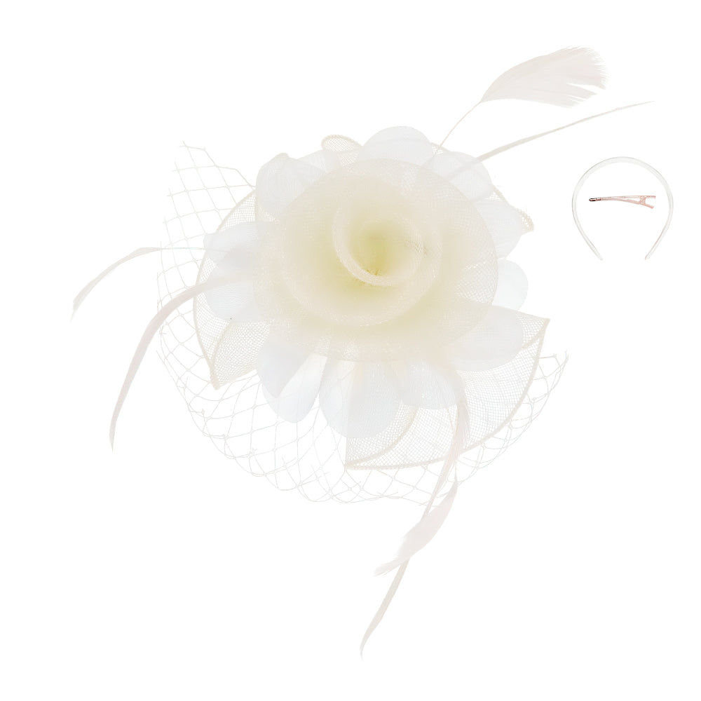 1920s Style Rose Mesh Feather Fascinator in Ivory – Nataya