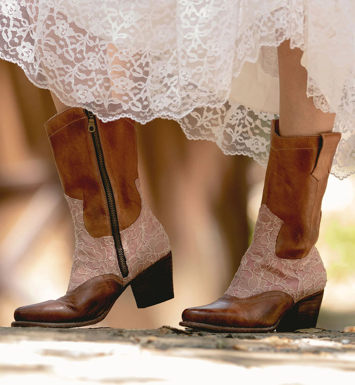 Basanti Cowgirl Leather Wedding Boots in Tan Rustic