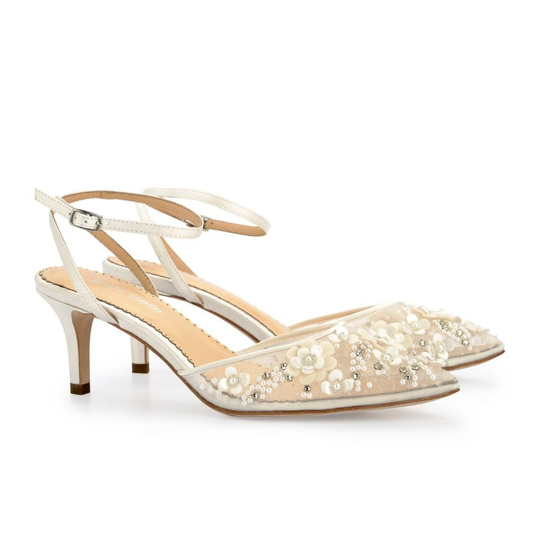 Rosa Floral Pearl Beaded Wedding Low Heels in Ivory